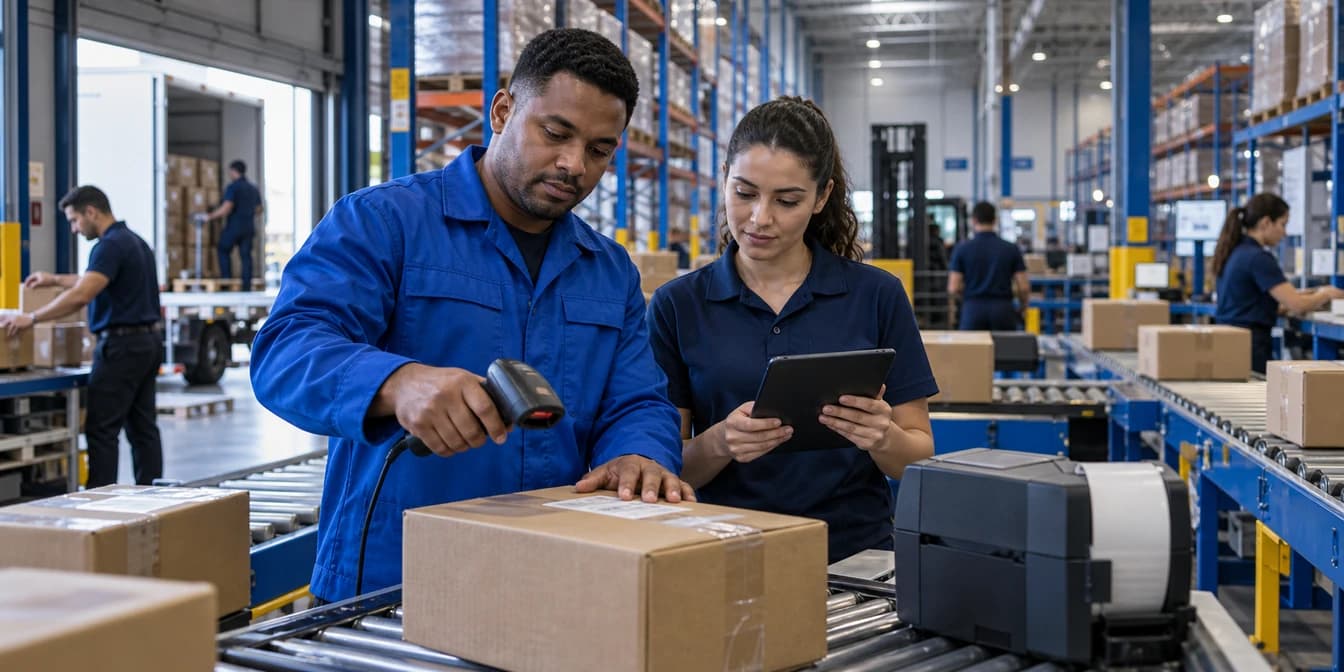 Equipe conferindo e separando pedidos em um centro de distribuição com esteiras e estoque organizado.