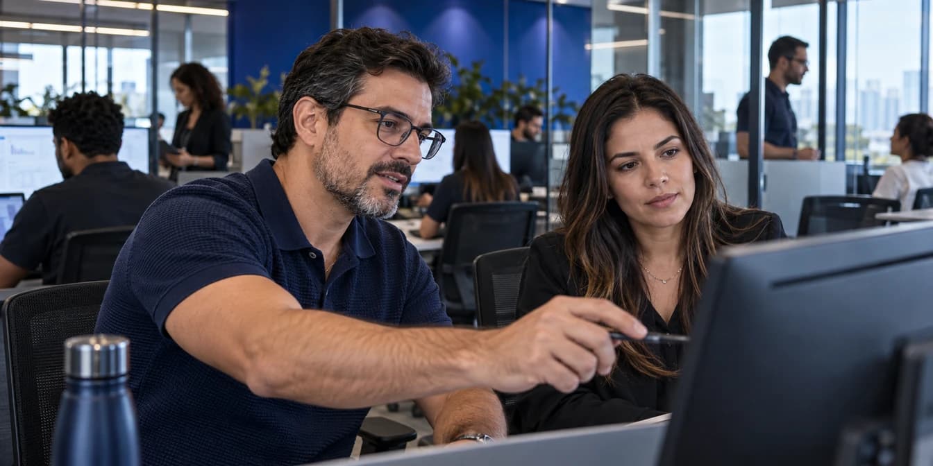Gestor e analista acompanhando a operação de e-commerce em uma sede corporativa.