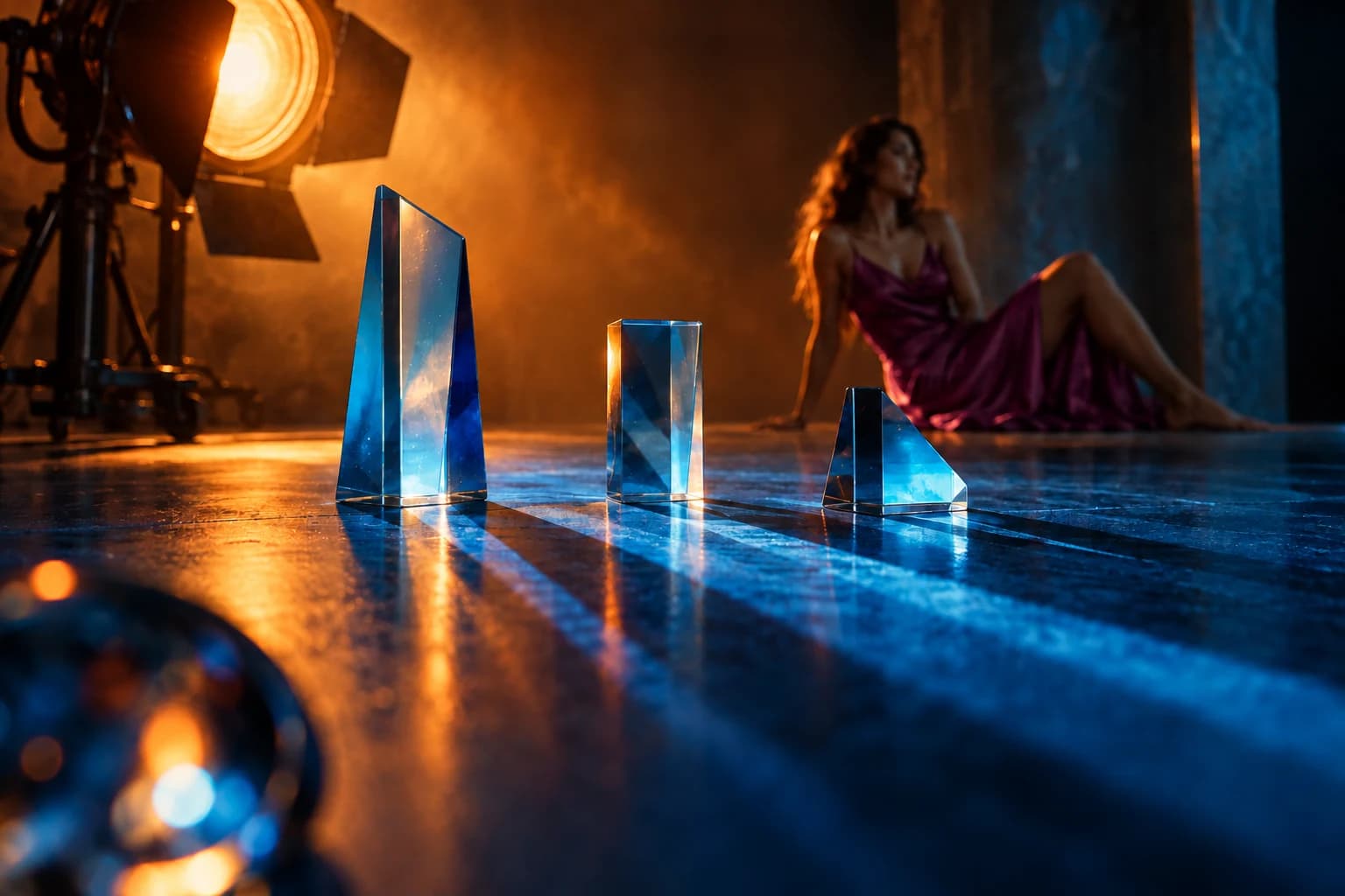 Peças de vidro azul sobre uma superfície iluminada por refletores em um estúdio de campanha.