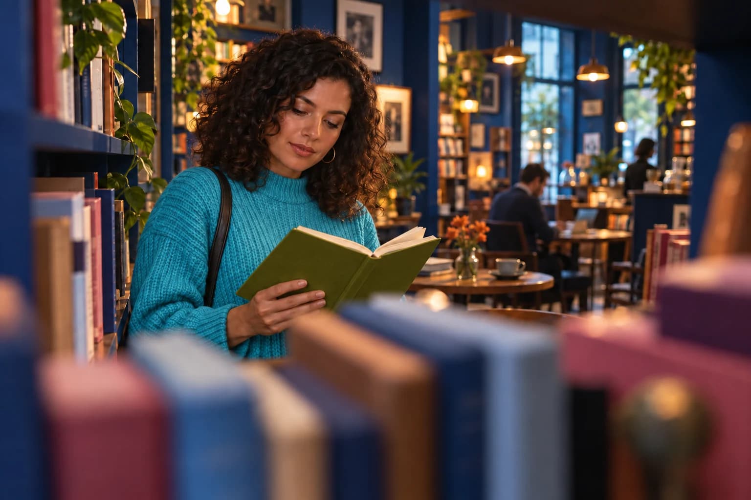 Mulher lê um livro em um ambiente azul com prateleiras desfocadas.