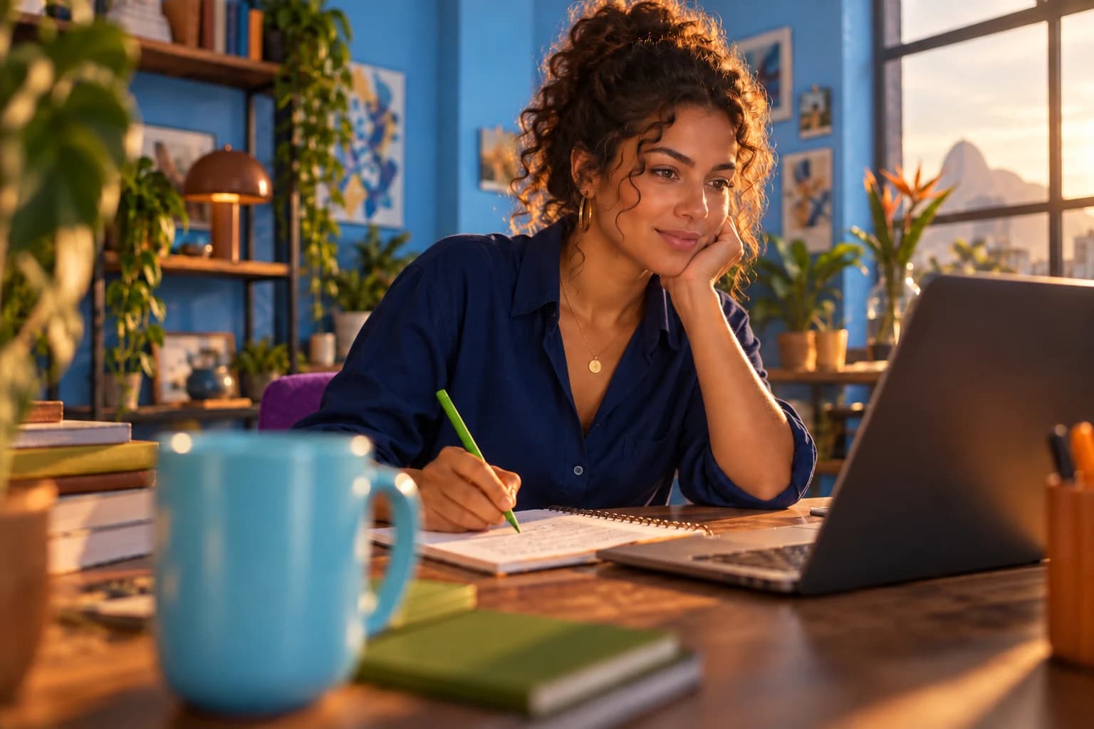 Mulher faz anotações ao lado do notebook em uma mesa iluminada pela janela.