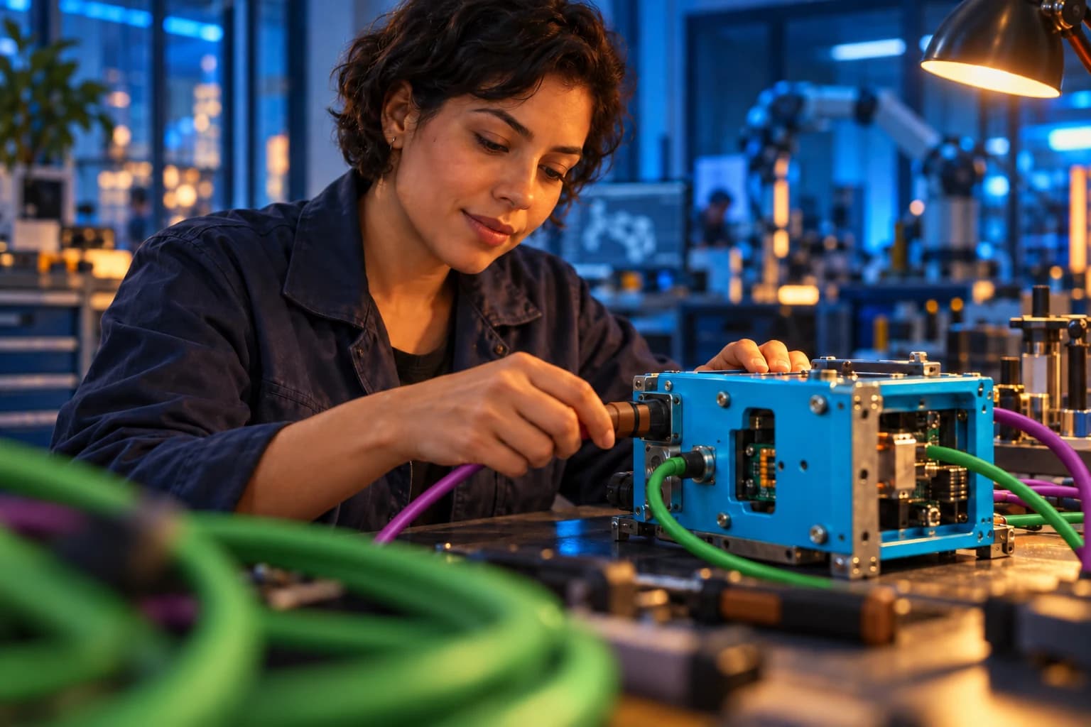 Profissional trabalha em um equipamento eletrônico, vista através de cabos verdes e roxos desfocados.