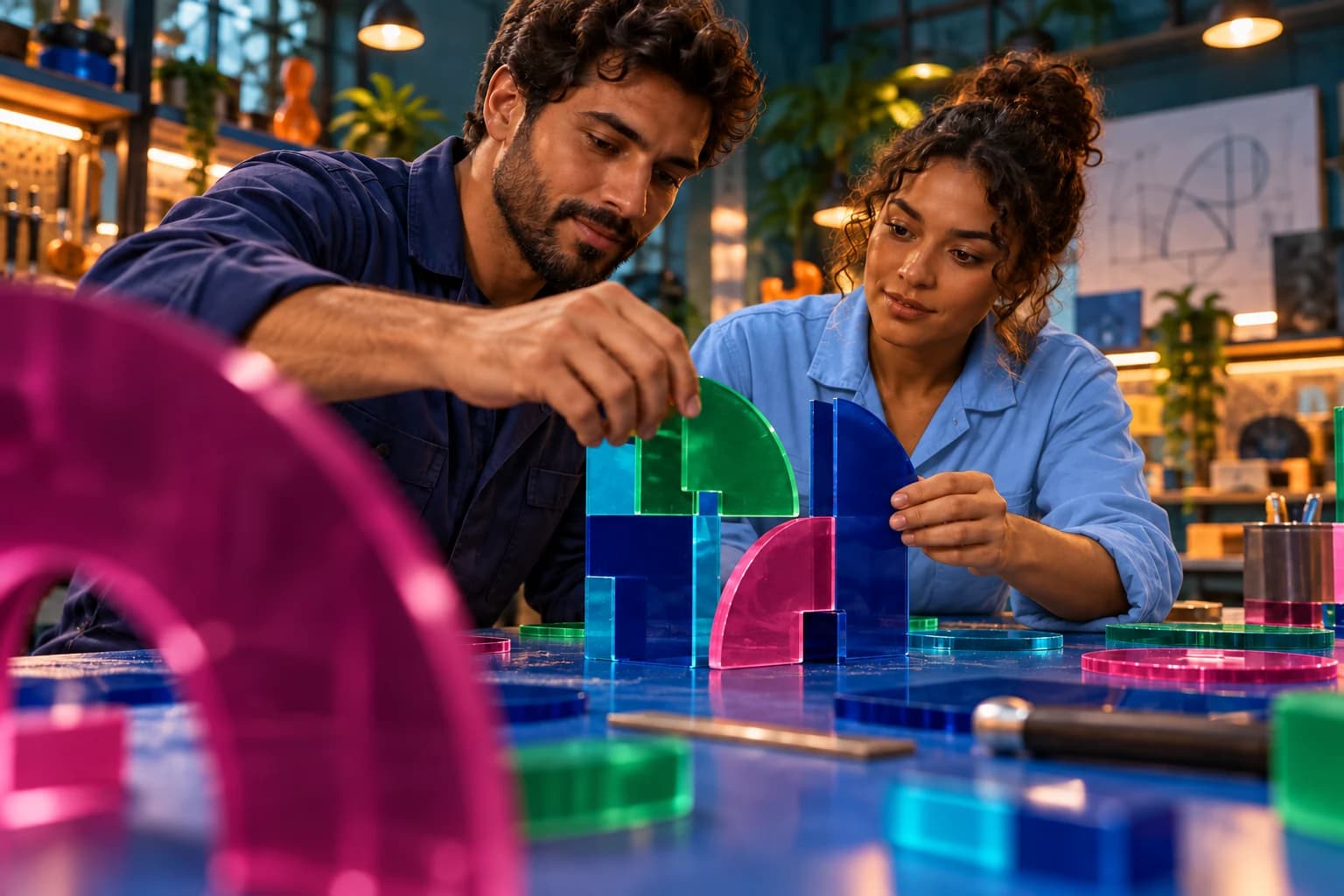 Dois profissionais experimentam peças modulares sobre uma mesa com reflexos azuis.