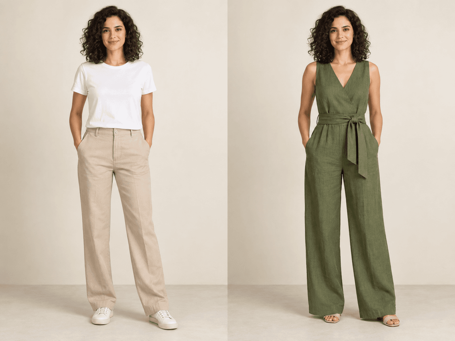Antes: a mesma modelo com camiseta branca e calça bege.