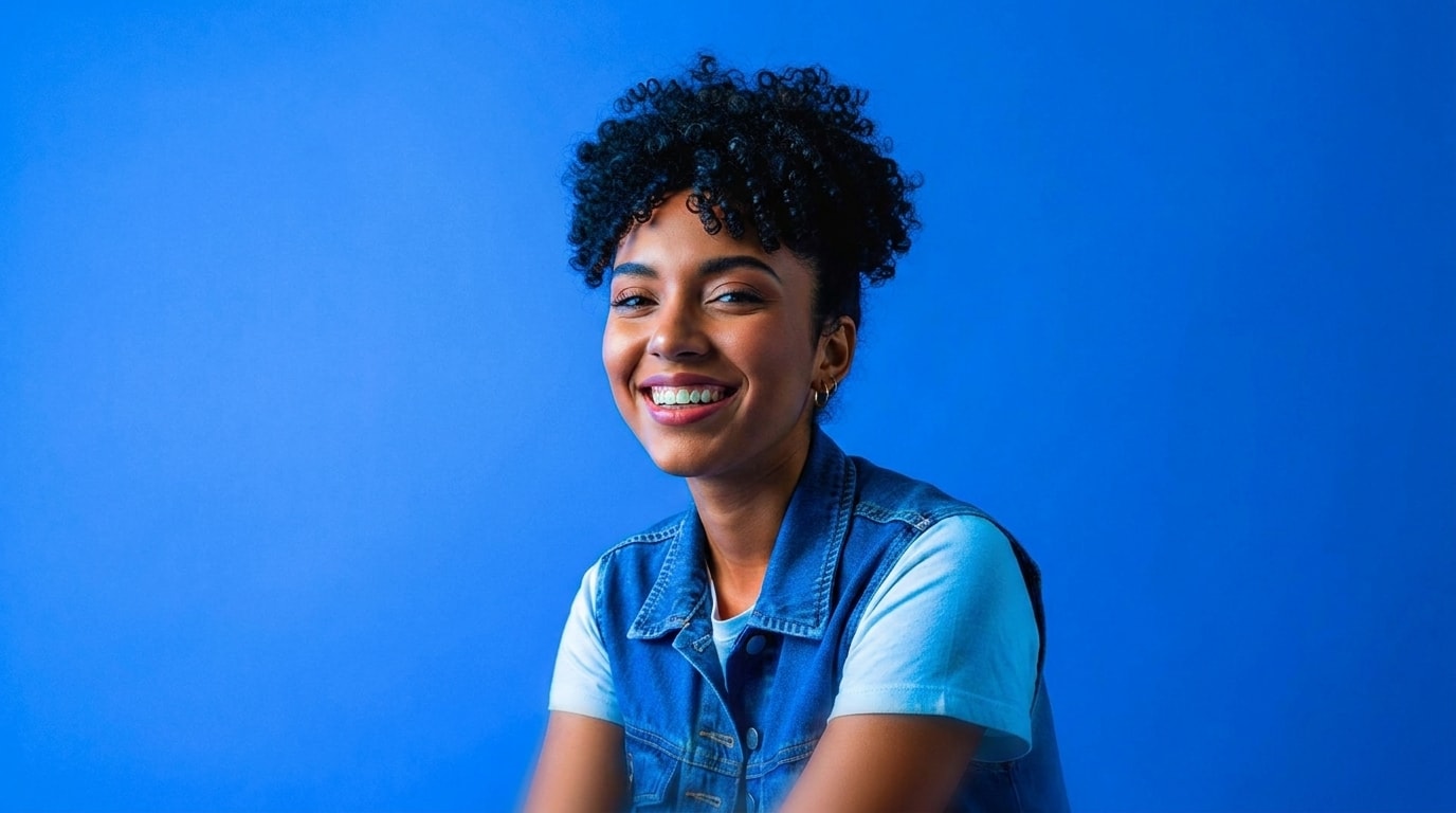 Mulher sorrindo, com colete jeans, diante de um fundo azul.