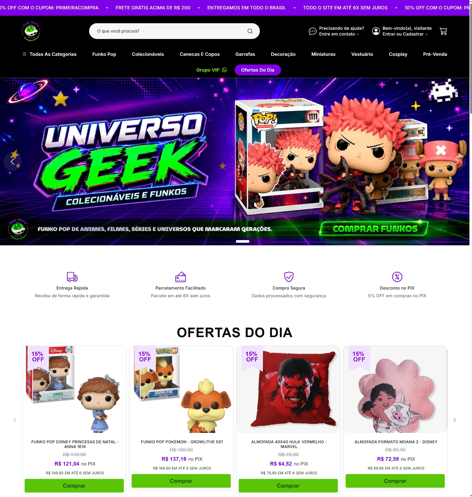 Layout de loja de colecionáveis com identidade roxa