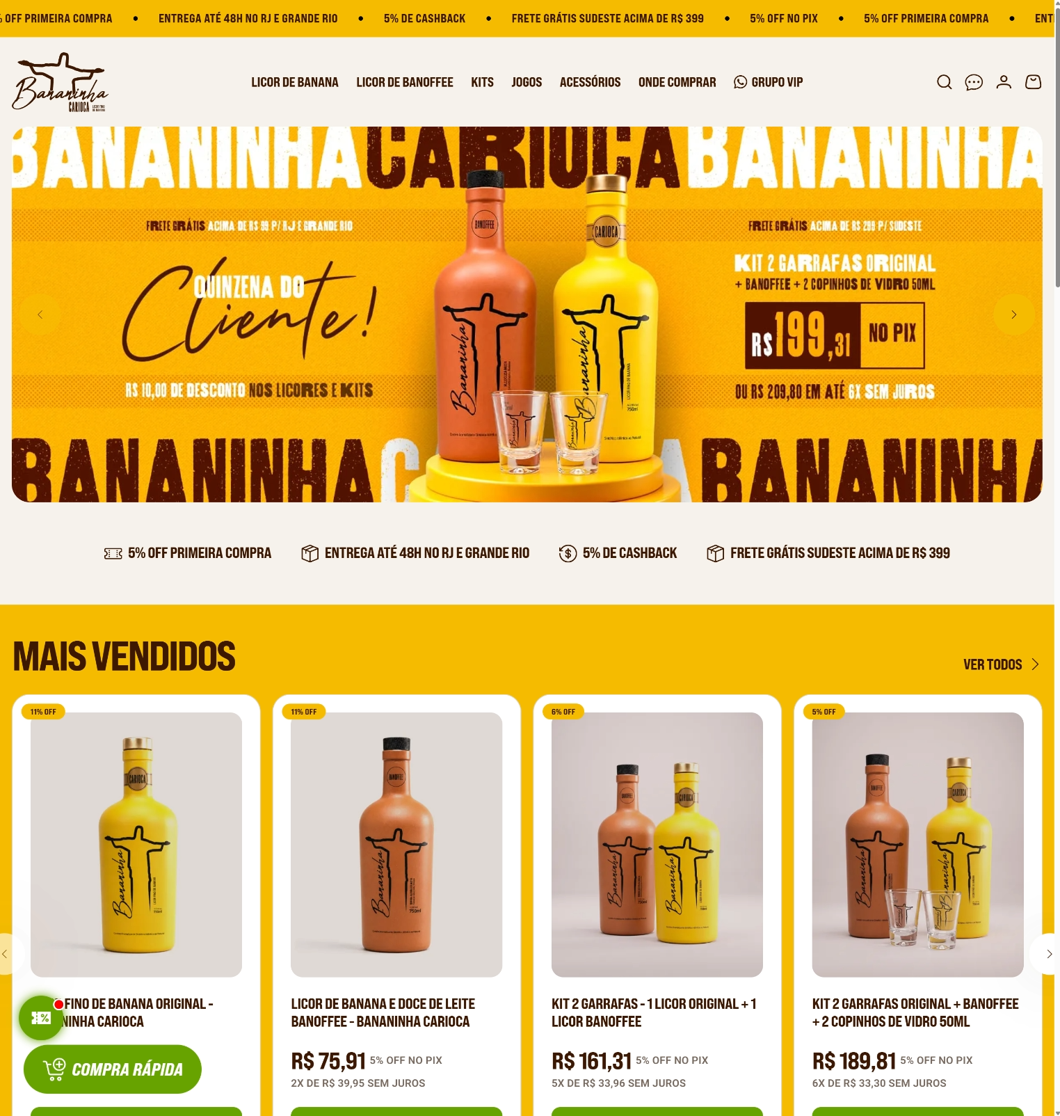 Layout da loja Bananinha Carioca com identidade amarela